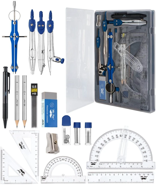 Main image of Geometry Set, 15 pcs, Navy Blue, 6 Inch Swing Arm Protractor Divider, Set Squares, Ruler, Compasses and Protractor