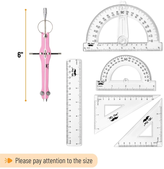 Alt view image 4 of 7 - Geometry Set, 15 pcs, Pink, 6 Inch Swing Arm Protractor, Divider Set Squares, Ruler, Compasses and Protractor