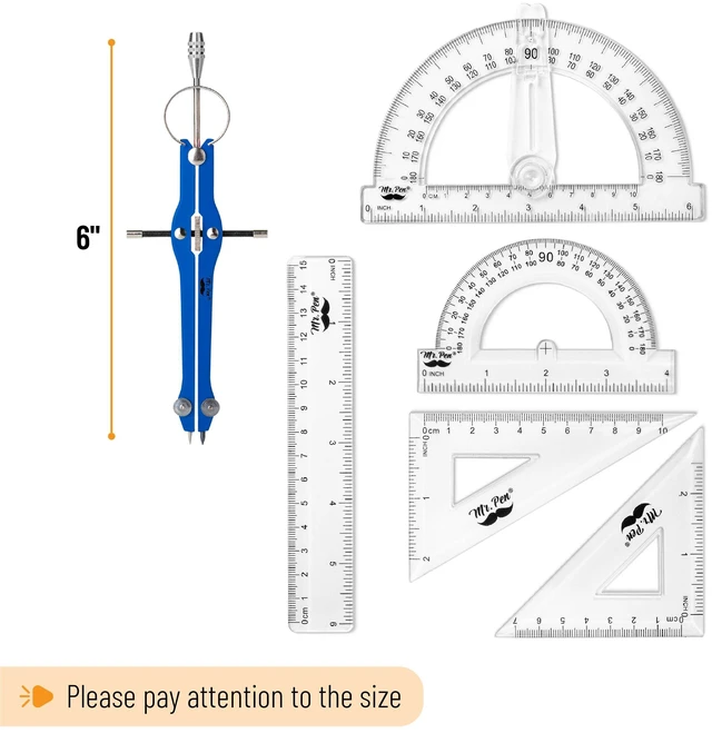 Alt view image 4 of 7 - Geometry Set, 15 pcs, Navy Blue, 6 Inch Swing Arm Protractor Divider, Set Squares, Ruler, Compasses and Protractor