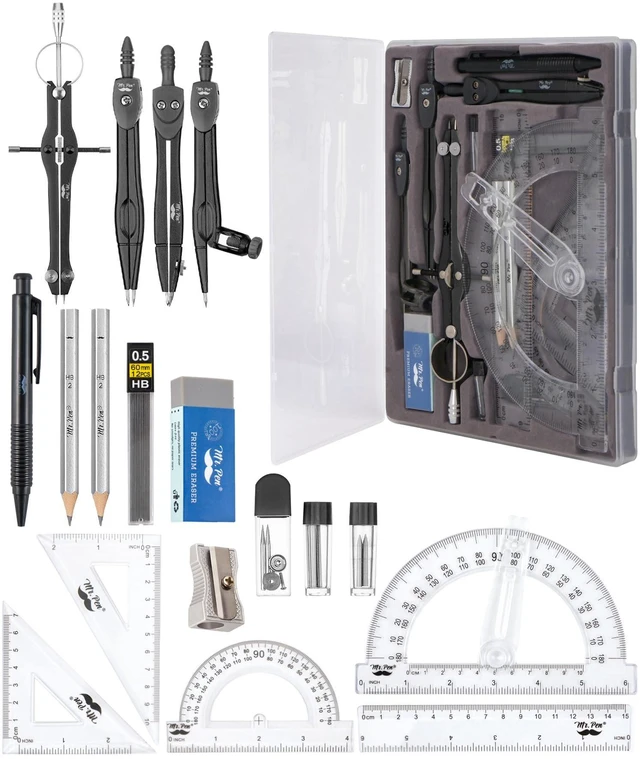 Main image of Geometry Set, 15 pcs, Black, 6 Inch Swing Arm Protractor, Divider Set Squares, Ruler, Compasses and Protractor