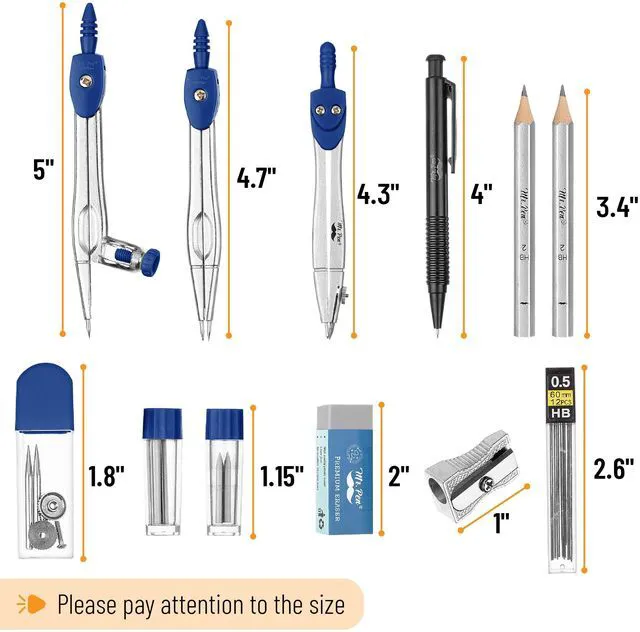 Alt view image 3 of 7 - Geometry Set, 15 pcs, Navy Blue, 6 Inch Swing Arm Protractor Divider, Set Squares, Ruler, Compasses and Protractor