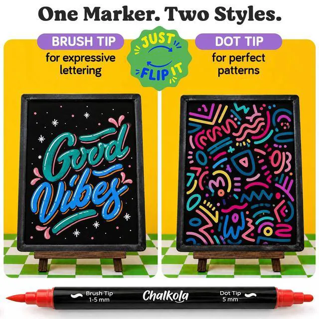 Alt view image 4 of 7 - 36 Dual Tip Liquid Chalk Markers for Blackboard Chalkboard Windows 36 Colors, Dot + Brush Tip - Washable, Non Toxic, No Pumping, No Prep - Erasable Liquid Chalk Pens for Non Porous Surfaces