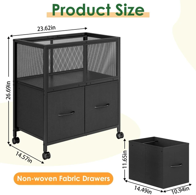 Alt view image 7 of 7 - Rolling File Cart, File Cabinet with 2 Fabric Drawers, Black Mobile Filing Cabinet with Wheels Hanging File Organizer Fit Letter Size for Home Office, Under Desk Storage Cart