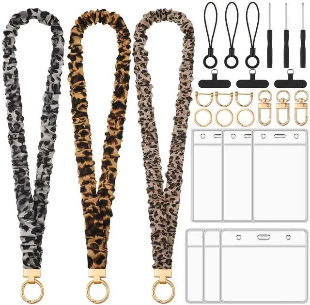 Main image of 9 in 3 Set Classic Leopard Pattern Scrunchies Lanyards for Id Badges, Stretchy Lanyard for Women Teacher Nurse