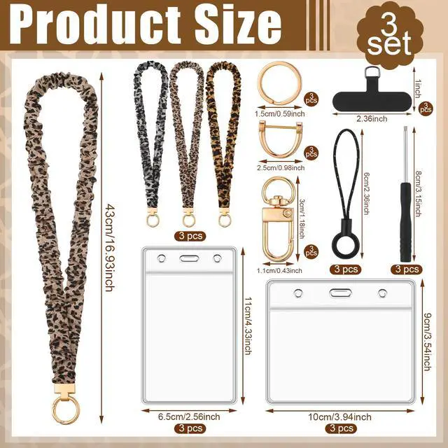 Alt view image 2 of 7 - 9 in 3 Set Classic Leopard Pattern Scrunchies Lanyards for Id Badges, Stretchy Lanyard for Women Teacher Nurse