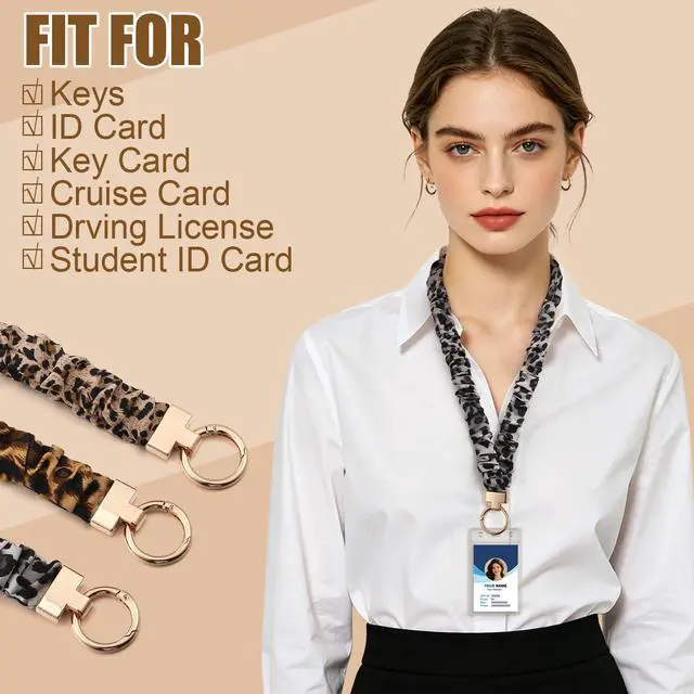 Alt view image 5 of 7 - 9 in 3 Set Classic Leopard Pattern Scrunchies Lanyards for Id Badges, Stretchy Lanyard for Women Teacher Nurse