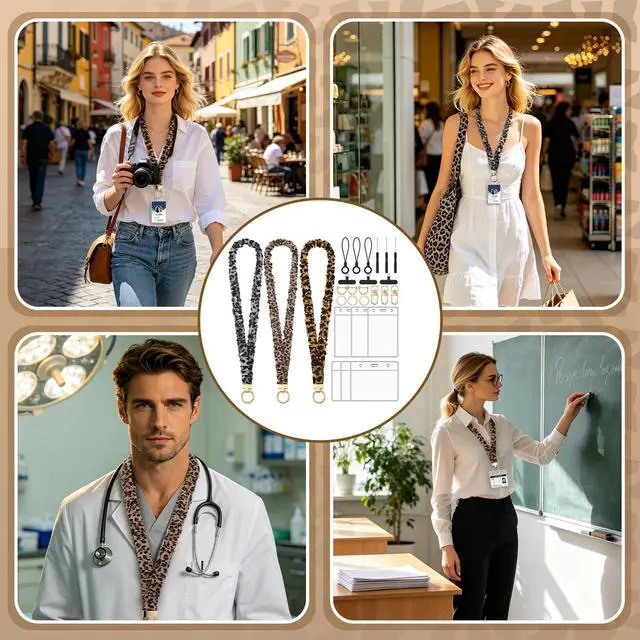 Alt view image 6 of 7 - 9 in 3 Set Classic Leopard Pattern Scrunchies Lanyards for Id Badges, Stretchy Lanyard for Women Teacher Nurse
