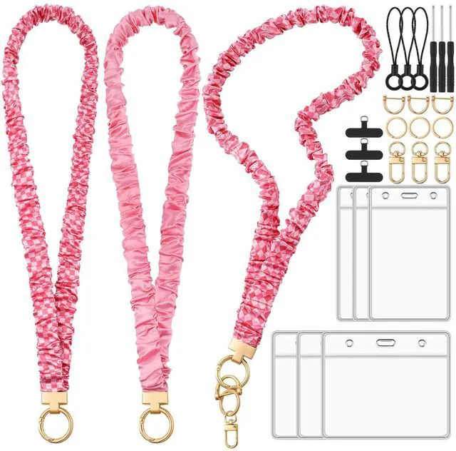 Main image of Scrunchie Lanyards for ID Badges, Stretchy Lanyard for Women - Teacher Nurse Neck Lanyard with Card Holder for Office, School, Hospital & Cruise, Pink