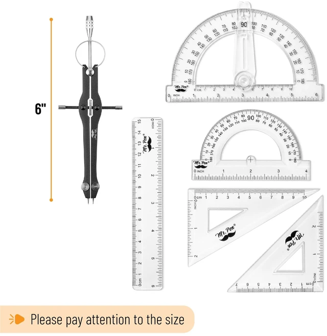 Alt view image 4 of 7 - Geometry Set, 15 pcs, Black, 6 Inch Swing Arm Protractor, Divider Set Squares, Ruler, Compasses and Protractor