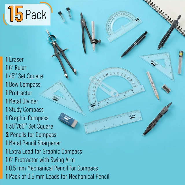 Alt view image 2 of 7 - Geometry Set, 15 pcs, Black, 6 Inch Swing Arm Protractor, Divider Set Squares, Ruler, Compasses and Protractor