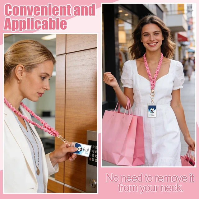 Alt view image 4 of 7 - Scrunchie Lanyards for ID Badges, Stretchy Lanyard for Women - Teacher Nurse Neck Lanyard with Card Holder for Office, School, Hospital & Cruise, Pink