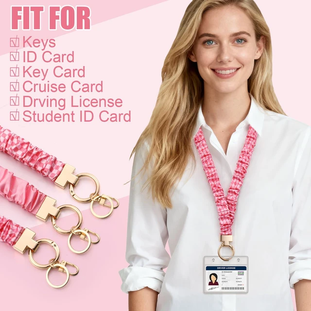Alt view image 5 of 7 - Scrunchie Lanyards for ID Badges, Stretchy Lanyard for Women - Teacher Nurse Neck Lanyard with Card Holder for Office, School, Hospital & Cruise, Pink