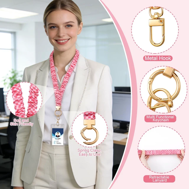 Alt view image 3 of 7 - Scrunchie Lanyards for ID Badges, Stretchy Lanyard for Women - Teacher Nurse Neck Lanyard with Card Holder for Office, School, Hospital & Cruise, Pink
