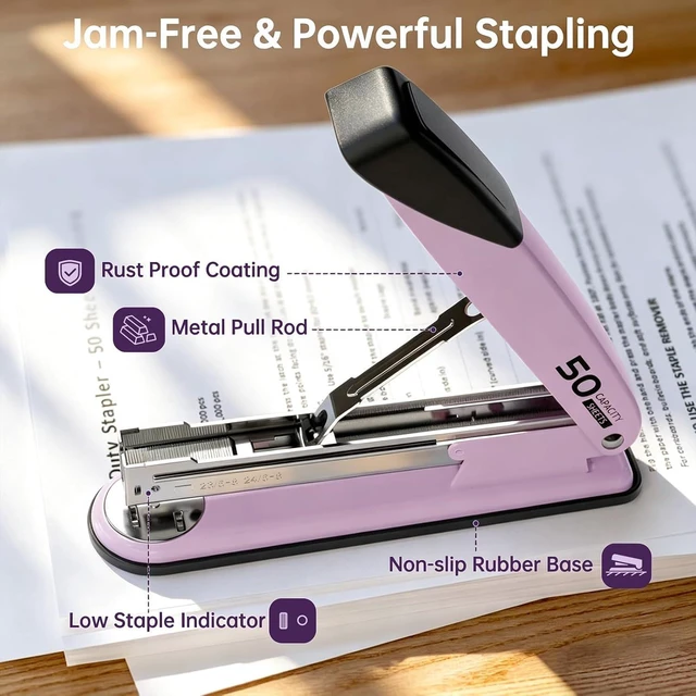 Alt view image 3 of 7 - Metal Stapler Heavy Duty for Desk - 50 Sheet Capacity with 2000 Pieces 1/4", 5/16" Staples and Staple Remover, No Jam, Non-Slip, Stapler Heavy Duty for Classroom and Office, Pink