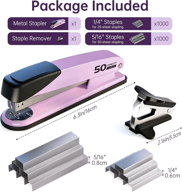 Alt view image 2 of 7 - Metal Stapler Heavy Duty for Desk - 50 Sheet Capacity with 2000 Pieces 1/4", 5/16" Staples and Staple Remover, No Jam, Non-Slip, Stapler Heavy Duty for Classroom and Office, Pink