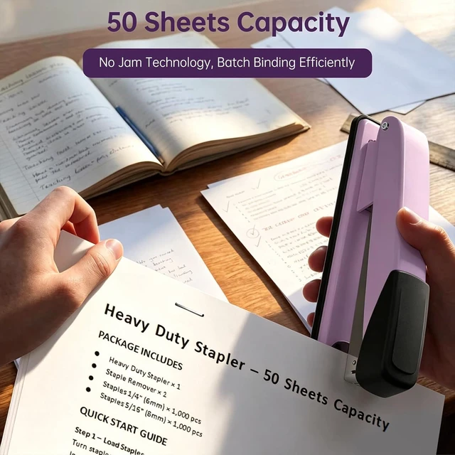 Alt view image 4 of 7 - Metal Stapler Heavy Duty for Desk - 50 Sheet Capacity with 2000 Pieces 1/4", 5/16" Staples and Staple Remover, No Jam, Non-Slip, Stapler Heavy Duty for Classroom and Office, Pink