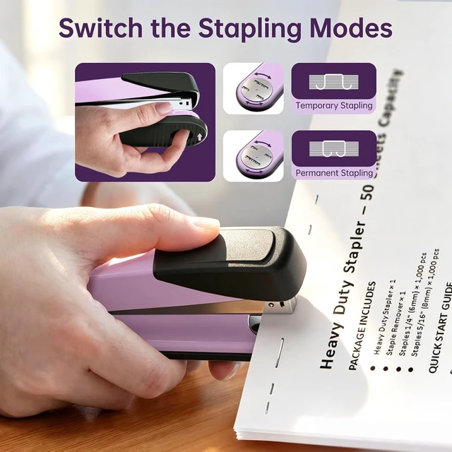 Alt view image 5 of 7 - Metal Stapler Heavy Duty for Desk - 50 Sheet Capacity with 2000 Pieces 1/4", 5/16" Staples and Staple Remover, No Jam, Non-Slip, Stapler Heavy Duty for Classroom and Office, Pink