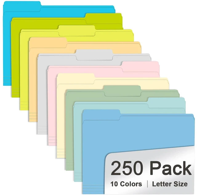 Main image of File Folder, 250 Pack Colored File Folders, 1/3 Cut Tab File Folder Letter Size, Filing Folders with Tabs for Office School Business Use, Assorted 10 Colors