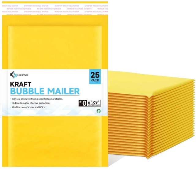 Main image of Kraft Paper Bubble Mailers #0, 6x10 Inch Self-Seal Padded Mailing Envelopes, Usable Size 6x9, Pack of 25