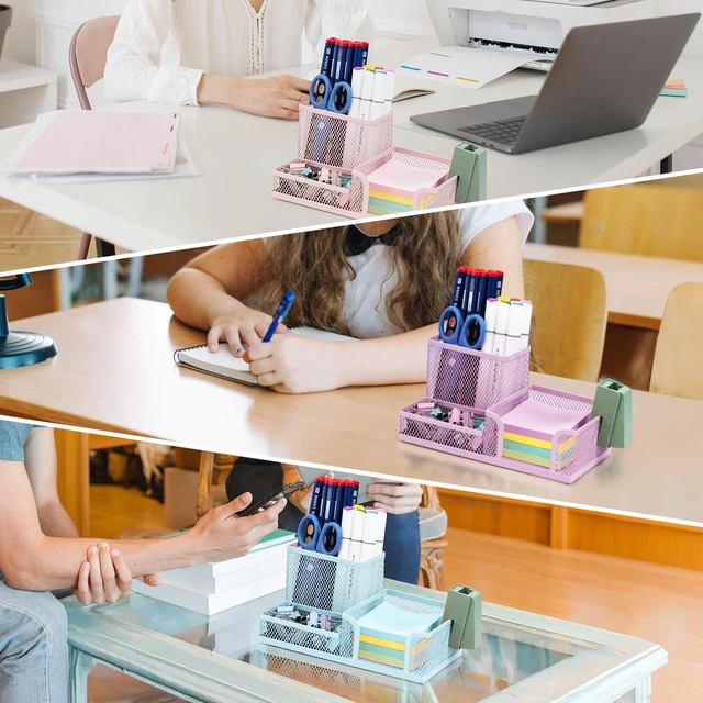 Alt view image 6 of 7 - Mesh Pen Holder Desk Organizers Pencil Holder for Desk Light Blue, 3 Compartments Metal Office Supply Organizer with Sticky Notes Holder for Home Office