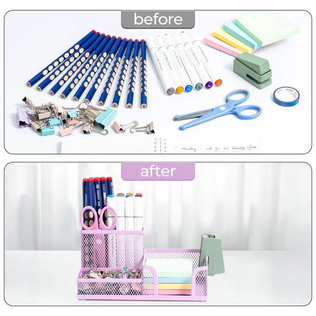 Alt view image 5 of 7 - Mesh Pen Holder Desk Organizers Pencil Holder for Desk Purple, 3 Compartments Metal Office Supply Organizer with Sticky Notes Holder for Home Office