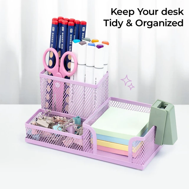 Alt view image 7 of 7 - Mesh Pen Holder Desk Organizers Pencil Holder for Desk Purple, 3 Compartments Metal Office Supply Organizer with Sticky Notes Holder for Home Office