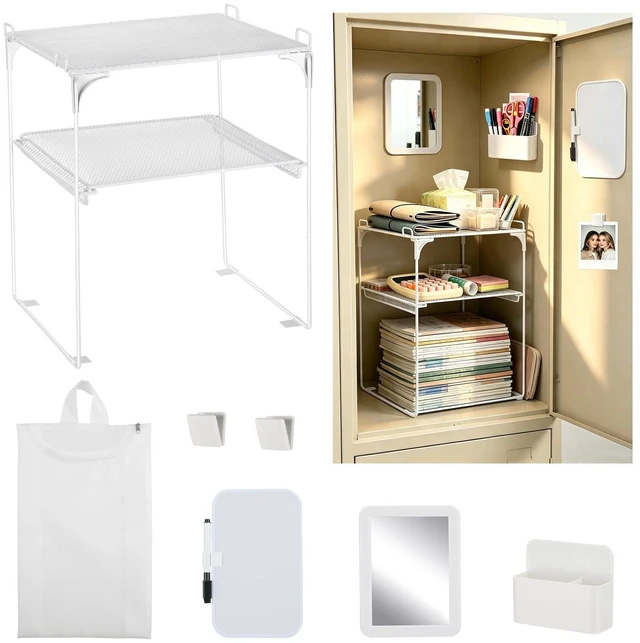 Main image of White 2-Tier Locker Organizer Shelf Locker Accessories for School Boy Girl Metal Vertical Storage Rack with Magnetic Mirror, Whiteboard, Pen Holder & Clips for School Locker, Office, Dorm, Small Space