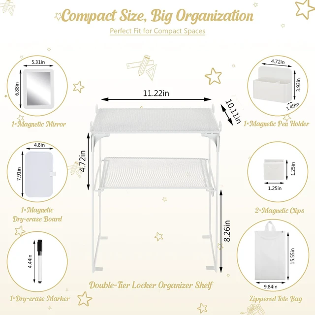 Alt view image 2 of 7 - White 2-Tier Locker Organizer Shelf Locker Accessories for School Boy Girl Metal Vertical Storage Rack with Magnetic Mirror, Whiteboard, Pen Holder & Clips for School Locker, Office, Dorm, Small Space