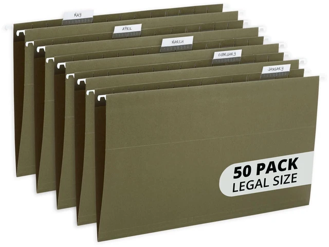 Main image of 50 Legal Size Hanging File Folders, Green Standard Green, 12.5pt, 1/5 Cut Tabs, for Legal Charts, Client Files, and Bulky Documents