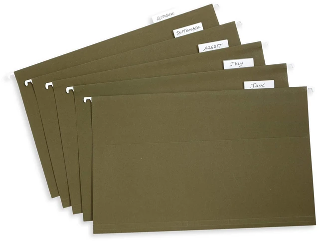 Alt view image 5 of 7 - 25 Hanging File Folders, Legal Size, Green Reinforced 11pt, 1/5 Cut Tabs, Plastic Tabs and Inserts Included, for Filing Cabinet, Home, and Office Use