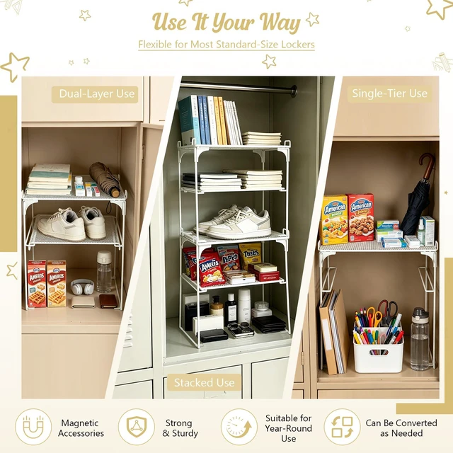 Alt view image 4 of 7 - White 2-Tier Locker Organizer Shelf Locker Accessories for School Boy Girl Metal Vertical Storage Rack with Magnetic Mirror, Whiteboard, Pen Holder & Clips for School Locker, Office, Dorm, Small Space