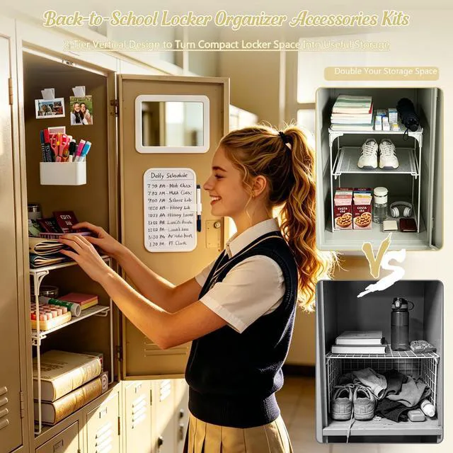 Alt view image 3 of 7 - White 2-Tier Locker Organizer Shelf Locker Accessories for School Boy Girl Metal Vertical Storage Rack with Magnetic Mirror, Whiteboard, Pen Holder & Clips for School Locker, Office, Dorm, Small Space