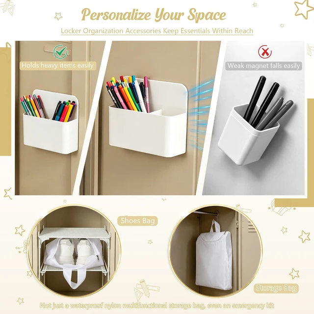 Alt view image 5 of 7 - White 2-Tier Locker Organizer Shelf Locker Accessories for School Boy Girl Metal Vertical Storage Rack with Magnetic Mirror, Whiteboard, Pen Holder & Clips for School Locker, Office, Dorm, Small Space