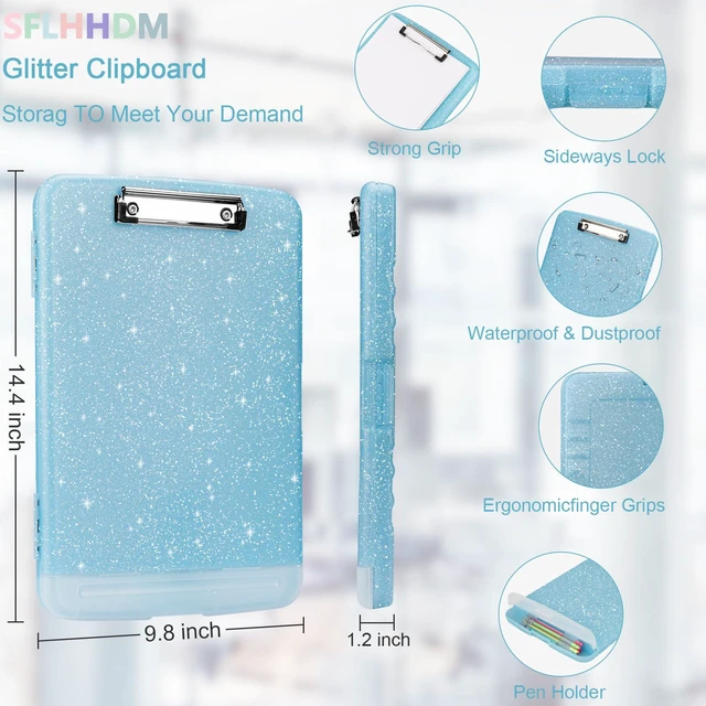 Alt view image 2 of 7 - Glitter Clipboard with Storage,Storage Clipboard with Pen Holder,A4 Binder Clip Boards 8.5x11 with Low Profile Clip,Side Opening Sparkle Clipboards, Clipboards Folder for Office Supplies-Aqua Blue