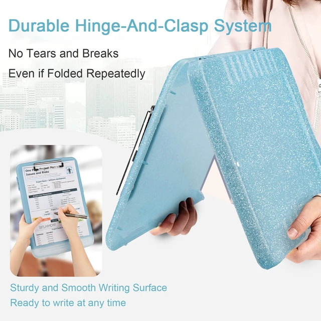 Alt view image 4 of 7 - Glitter Clipboard with Storage,Storage Clipboard with Pen Holder,A4 Binder Clip Boards 8.5x11 with Low Profile Clip,Side Opening Sparkle Clipboards, Clipboards Folder for Office Supplies-Aqua Blue