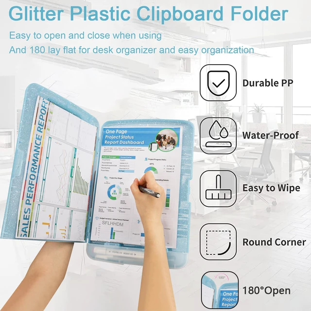 Alt view image 5 of 7 - Glitter Clipboard with Storage,Storage Clipboard with Pen Holder,A4 Binder Clip Boards 8.5x11 with Low Profile Clip,Side Opening Sparkle Clipboards, Clipboards Folder for Office Supplies-Aqua Blue