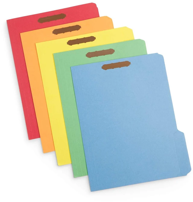 Main image of 50 Fastener File Folders, Letter, Assorted Colors Assorted Colors, Durable 11pt Paper, Reinforced 1/3 Cut Tabs, 2 Prong Fasteners, Medical, Law and Office Files