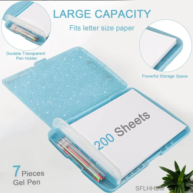 Alt view image 3 of 7 - Glitter Clipboard with Storage,Storage Clipboard with Pen Holder,A4 Binder Clip Boards 8.5x11 with Low Profile Clip,Side Opening Sparkle Clipboards, Clipboards Folder for Office Supplies-Aqua Blue
