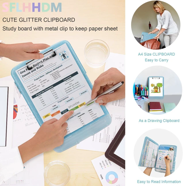Alt view image 7 of 7 - Glitter Clipboard with Storage,Storage Clipboard with Pen Holder,A4 Binder Clip Boards 8.5x11 with Low Profile Clip,Side Opening Sparkle Clipboards, Clipboards Folder for Office Supplies-Aqua Blue
