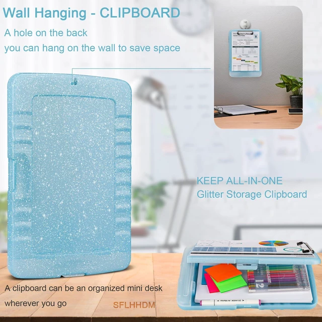 Alt view image 6 of 7 - Glitter Clipboard with Storage,Storage Clipboard with Pen Holder,A4 Binder Clip Boards 8.5x11 with Low Profile Clip,Side Opening Sparkle Clipboards, Clipboards Folder for Office Supplies-Aqua Blue