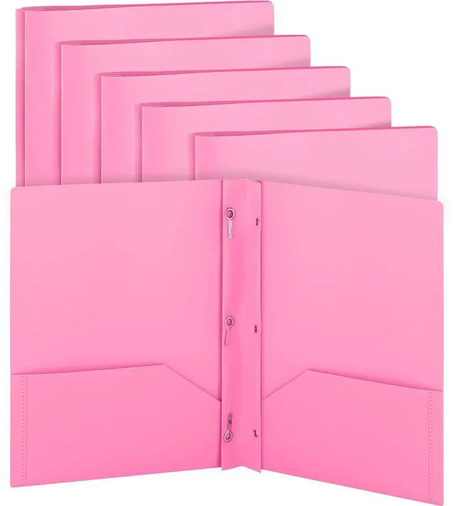 Main image of Plastic Folders with Pockets and Prongs Pink - Two Pocket Folder with Brads - 3 Prong Folders with Pockets for Letter Size Sheets, Also Available in Blue, Green, Red, Purple, and Grey, 6 Pc by