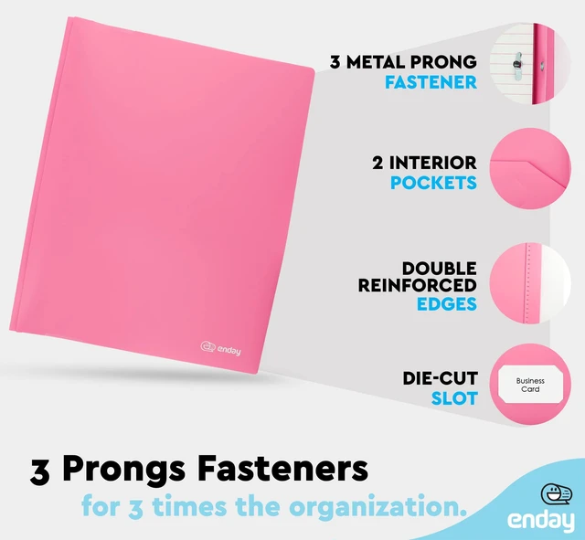 Alt view image 3 of 6 - Plastic Folders with Pockets and Prongs Pink - Two Pocket Folder with Brads - 3 Prong Folders with Pockets for Letter Size Sheets, Also Available in Blue, Green, Red, Purple, and Grey, 6 Pc by