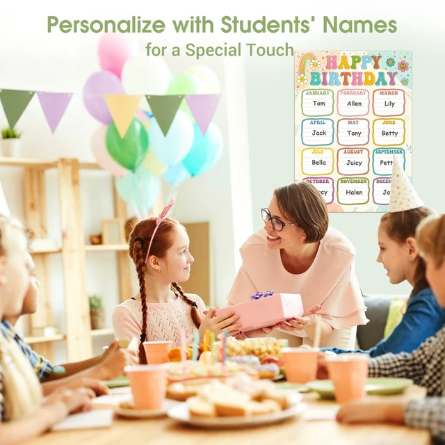 Alt view image 2 of 7 - Boho Birthday Chart Poster for Classroom - 16.5"x12" Reusable Laminated Happy Birthday Calendar with Glue Dots Bulletin Board Decorations Back to School Teacher Supplies Class Wall Decor