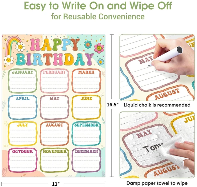 Alt view image 3 of 7 - Boho Birthday Chart Poster for Classroom - 16.5"x12" Reusable Laminated Happy Birthday Calendar with Glue Dots Bulletin Board Decorations Back to School Teacher Supplies Class Wall Decor