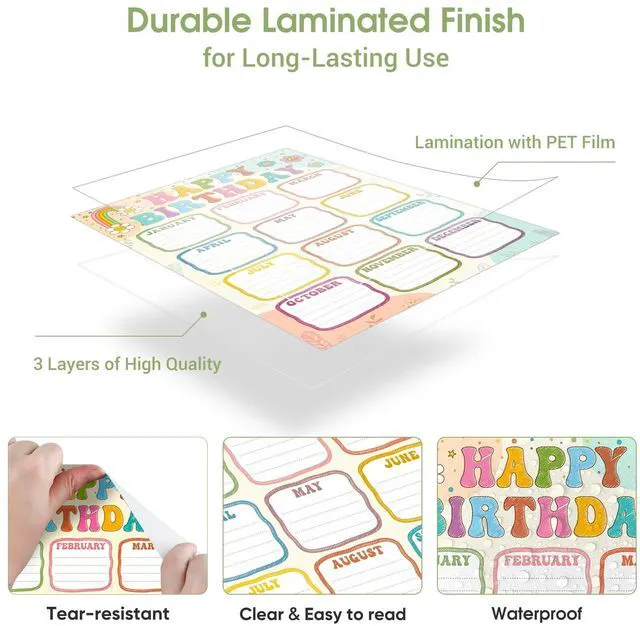 Alt view image 4 of 7 - Boho Birthday Chart Poster for Classroom - 16.5"x12" Reusable Laminated Happy Birthday Calendar with Glue Dots Bulletin Board Decorations Back to School Teacher Supplies Class Wall Decor