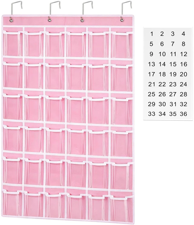 Main image of 36 Clear Pockets Classroom Pocket Charts for Cell Phone Holder Phone Pocket with 36 Numbered Stickers & 4 Metal Hooks, Wall Door Mount Multi-Purpose Hanging Pocket Organizer for Classroom
