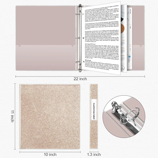 Alt view image 4 of 7 - 3 Ring Binders 1 Inch Sparkly Binder 1 Inch to Hold 300 Sheets, Fashion Binder Back to School Supplies, Rose Gold