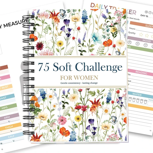 Main image of 75 Soft Challenge Journal for Women, A5 Spiral 75-Day Habit Tracker Wildflowers Planner, 108-Page Full-Color Daily Logs, Weekly Reviews, Meal Water Workout Reading