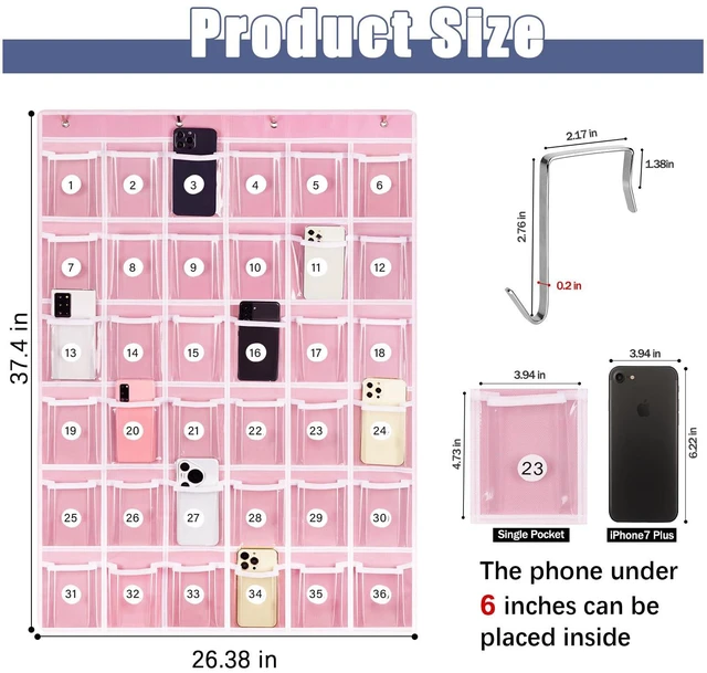 Alt view image 3 of 6 - 36 Clear Pockets Classroom Pocket Charts for Cell Phone Holder Phone Pocket with 36 Numbered Stickers & 4 Metal Hooks, Wall Door Mount Multi-Purpose Hanging Pocket Organizer for Classroom