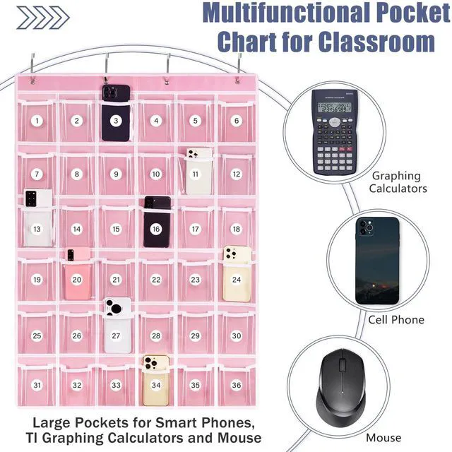 Alt view image 4 of 6 - 36 Clear Pockets Classroom Pocket Charts for Cell Phone Holder Phone Pocket with 36 Numbered Stickers & 4 Metal Hooks, Wall Door Mount Multi-Purpose Hanging Pocket Organizer for Classroom